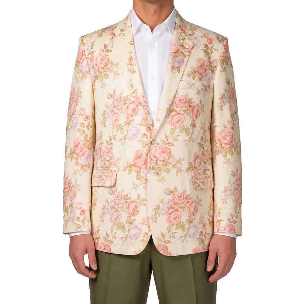 Mens Blazer 44R Cream Pink Floral Jacquard Sport Coat Jacket Preppy Wedding